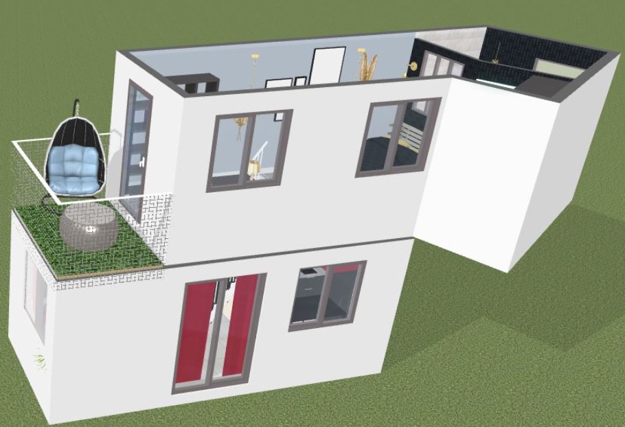 la modélisation de la maison constituée de deux containers de 20 pieds l'un sur l'autre